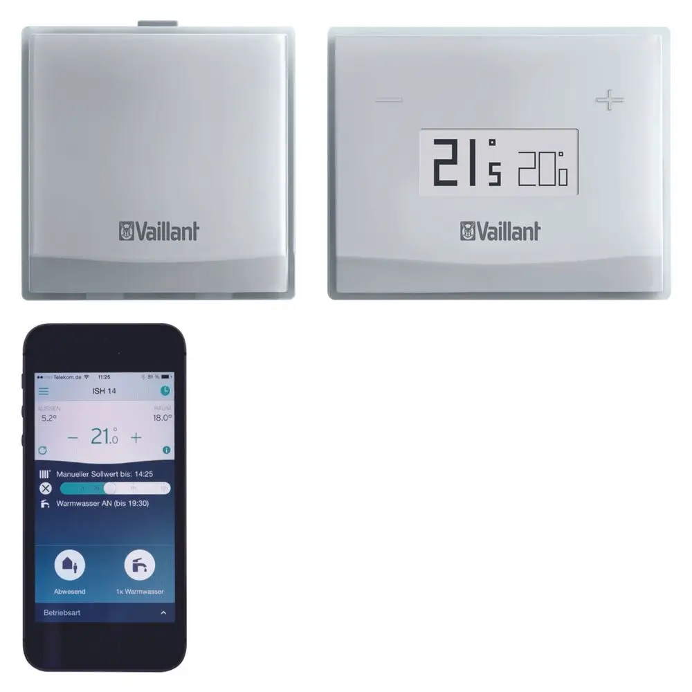Thermostat und mobile Steuerung von Vaillant, zur Regelung der Raumtemperatur. Das Display zeigt aktuelle Temperaturwerte an.